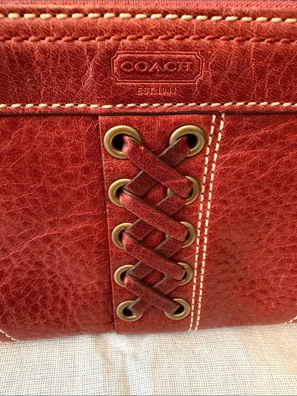 Coach Vintage Red-Brown Pebbled Leather Wristlet with Lace-Up Grommet & Tassel
